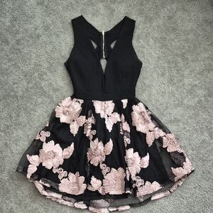 A'gaci Womens Black Dress with Blush Pink Floral Skirt